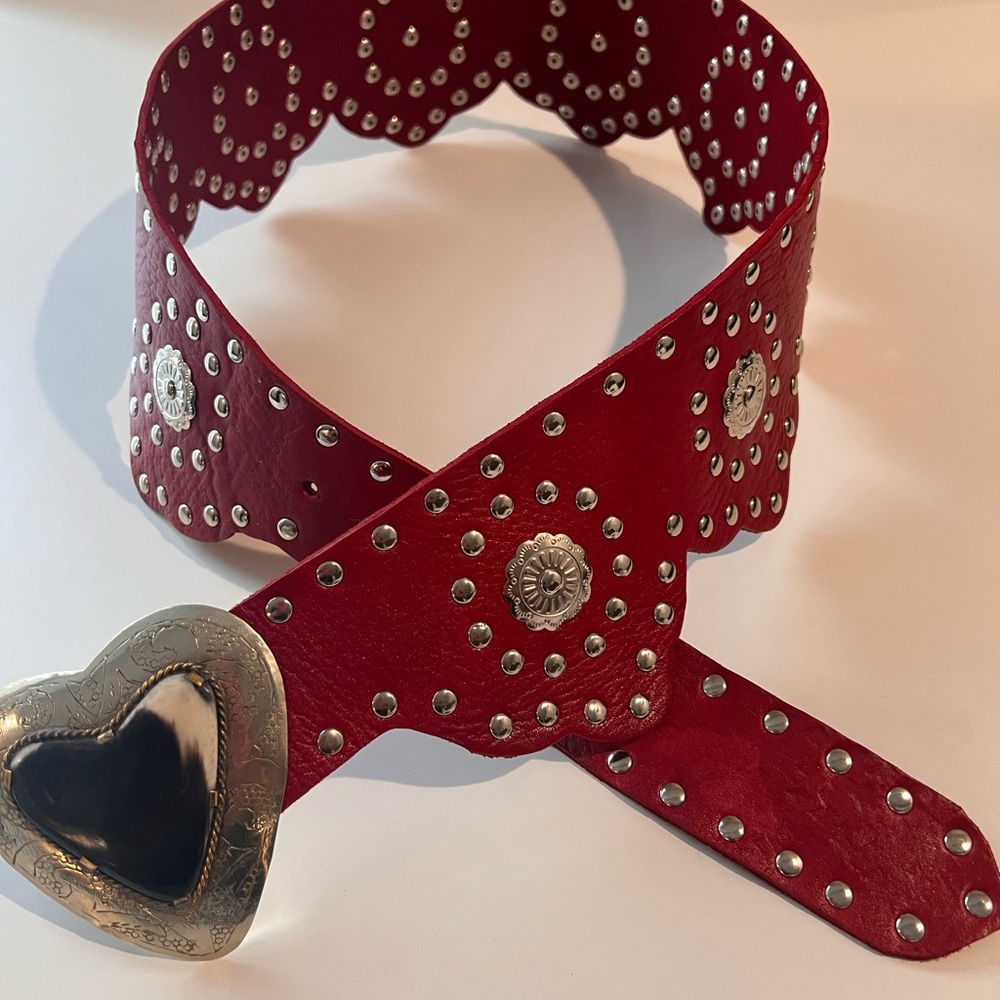 Free People Red Leather Belt with Silver Heart Buckle